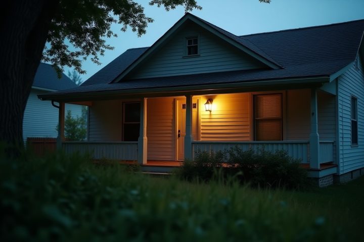 House exterior with a porch light on a humid evening