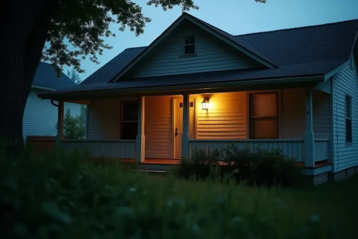 House exterior with a porch light on a humid evening