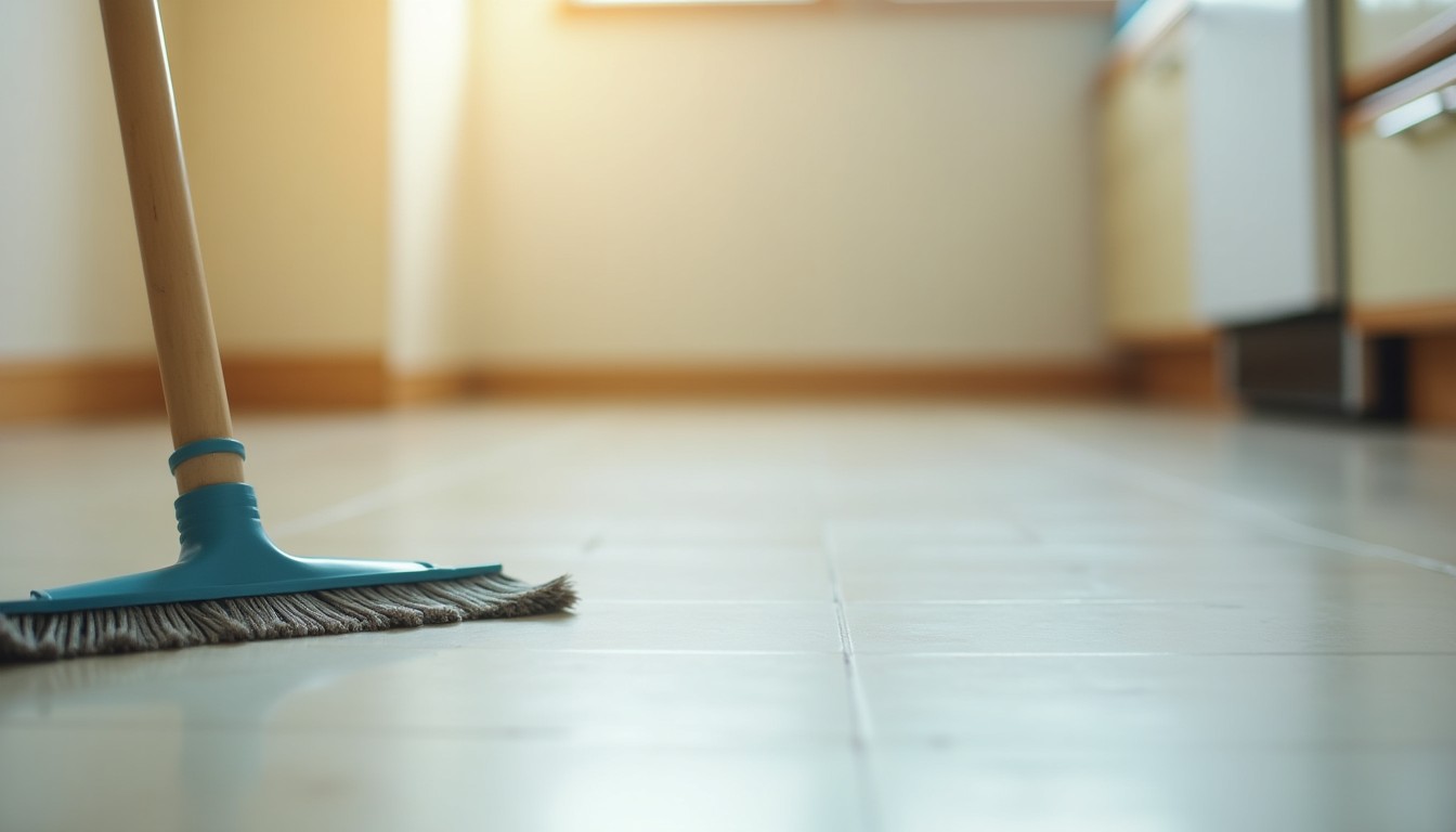Floor swept clean along a kitchen wall
