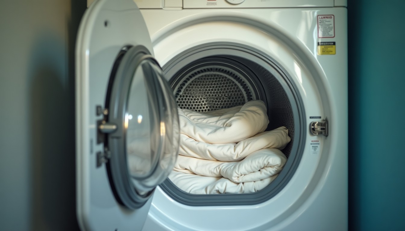 Clothes dryer door open with bedding inside