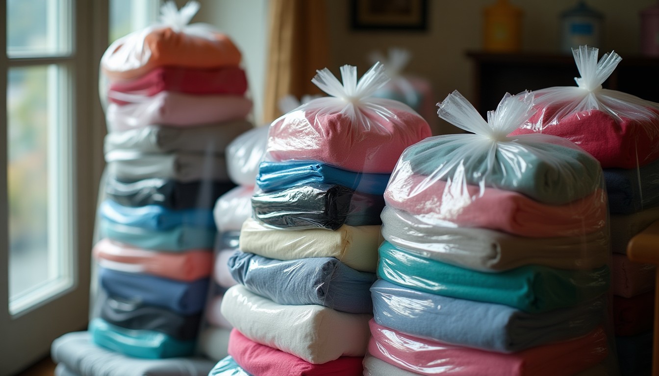 Sealed plastic bags of clothing stacked in a room