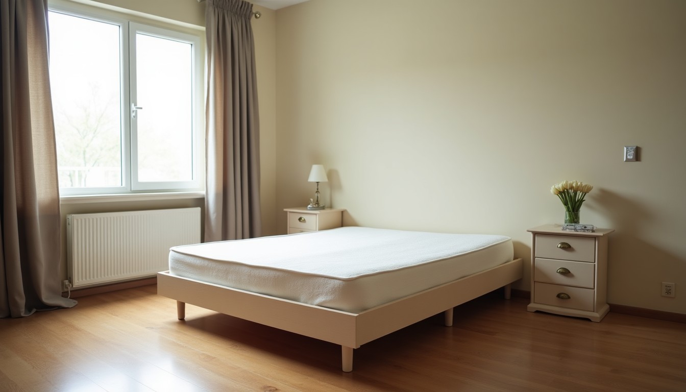 Empty apartment bedroom with a bare mattress