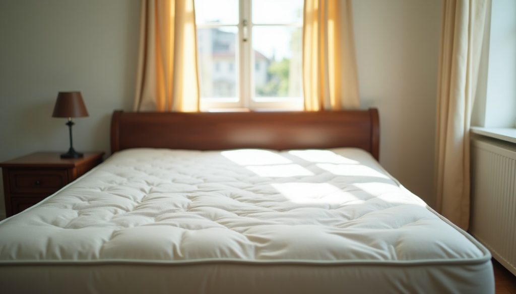 Bedroom with a bare mattress in daylight