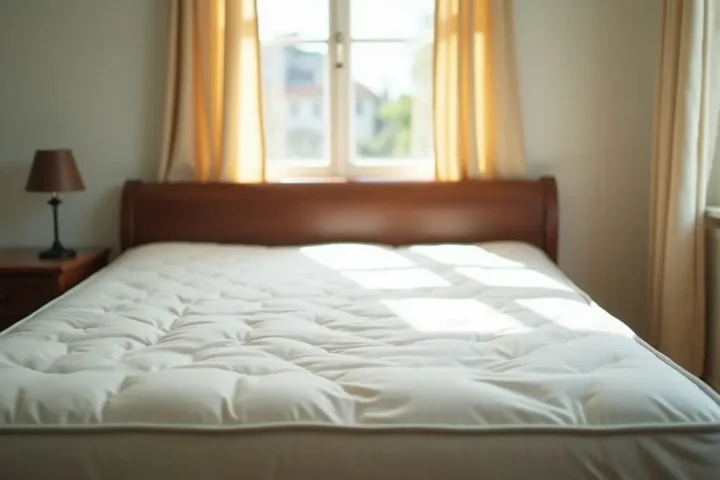 Bedroom with a bare mattress in daylight