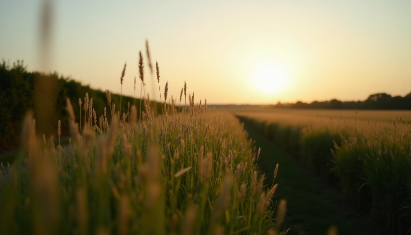 Field edge with tall grass and a hedgerow at dusk