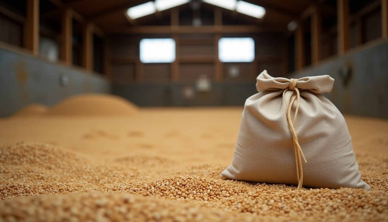 Bag of grain on a barn floor