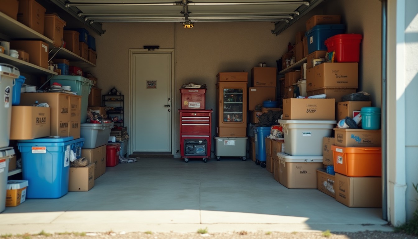 Garage corner with stacked boxes and a gap under the door