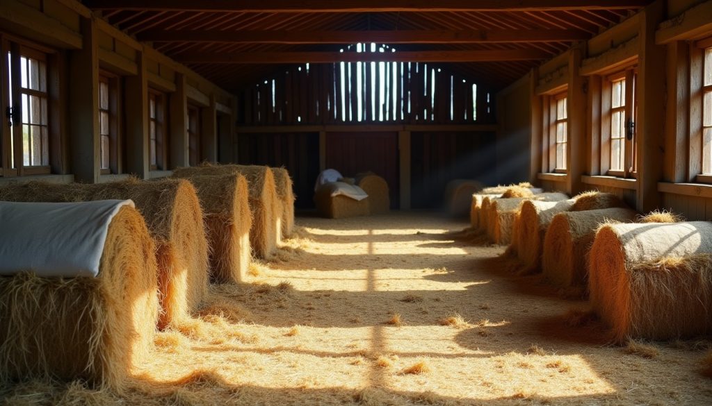 Barn interior with hay bales and grain sacks