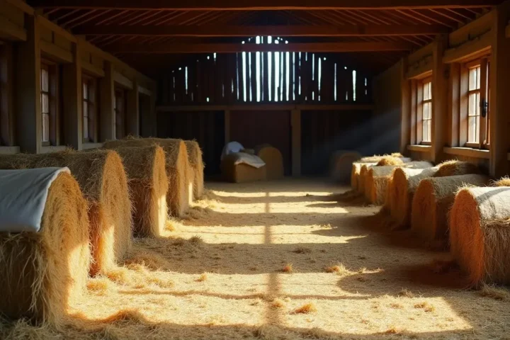 Barn interior with hay bales and grain sacks