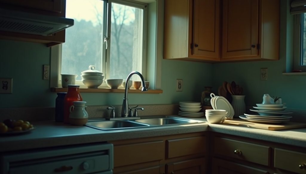 Kitchen at night with dishes in the sink