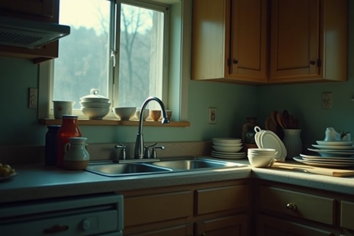 Kitchen at night with dishes in the sink
