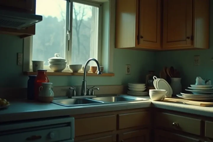 Kitchen at night with dishes in the sink