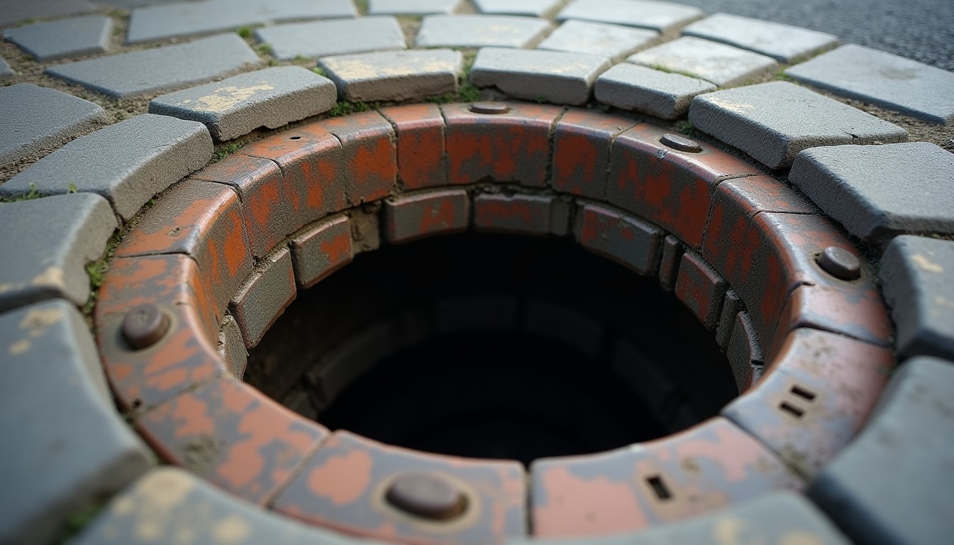 Open street manhole showing a sewer below, no people