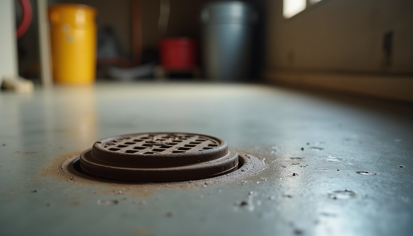 Plumbing cleanout cap in a basement floor