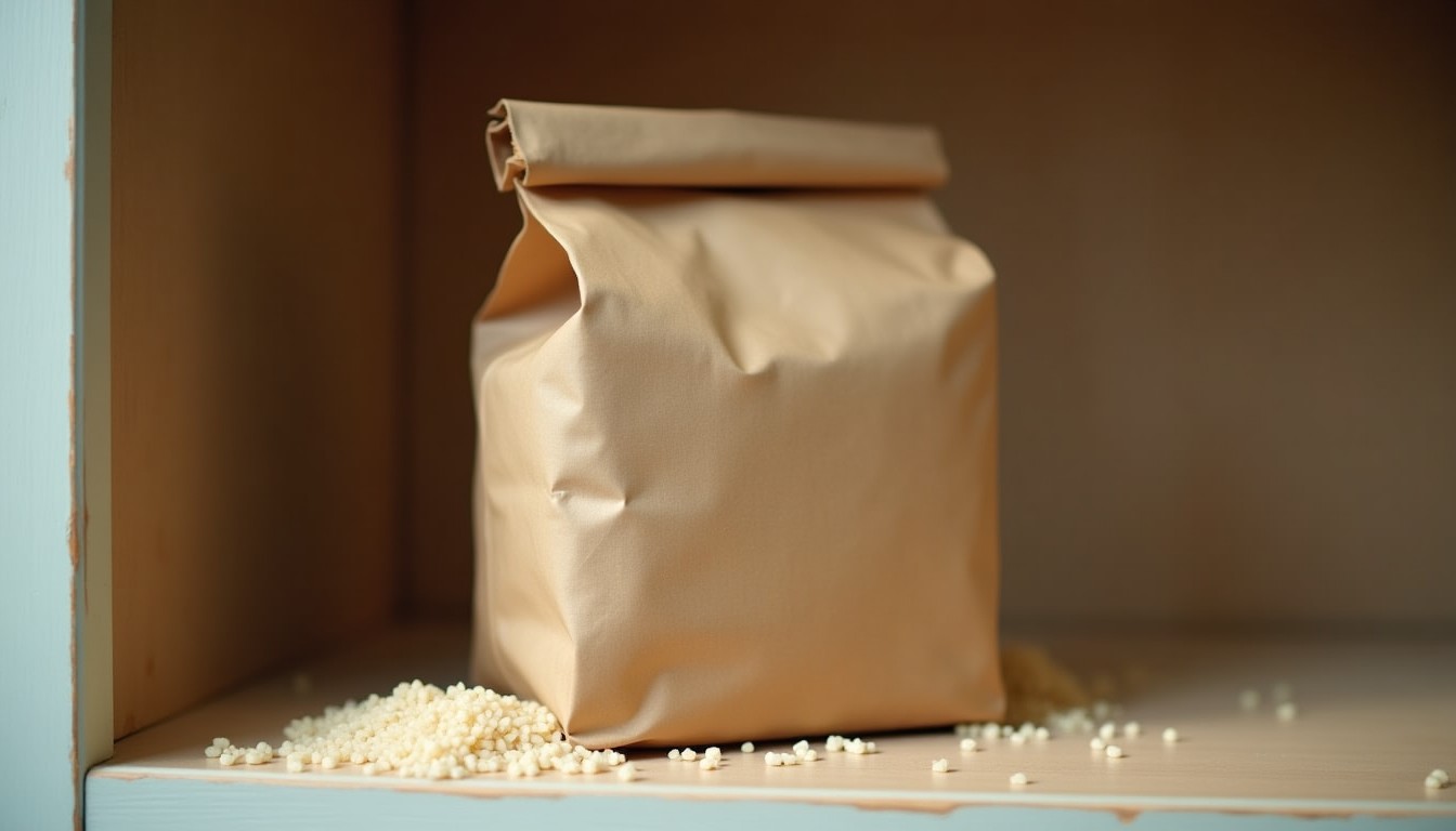 Paper bag of rice with a chewed corner