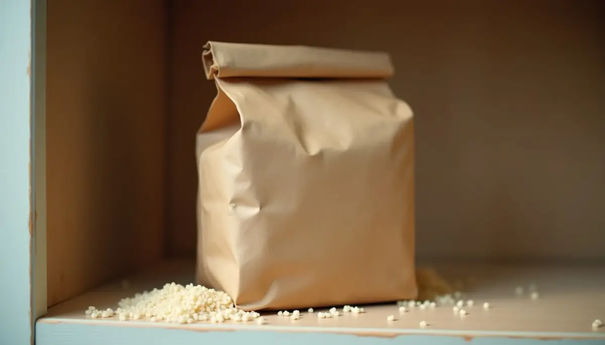 Paper bag of rice with a chewed corner
