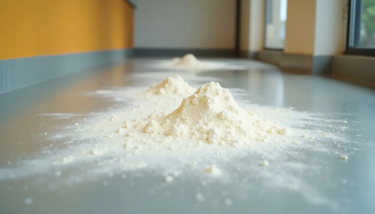 A dusting of flour on the floor along a wall