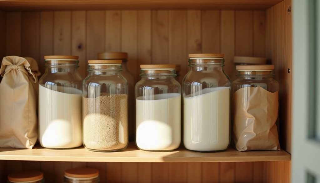 Pantry shelf with jars and bags of flour and grain