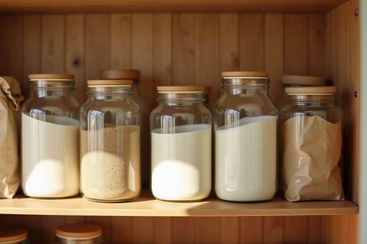 Pantry shelf with jars and bags of flour and grain