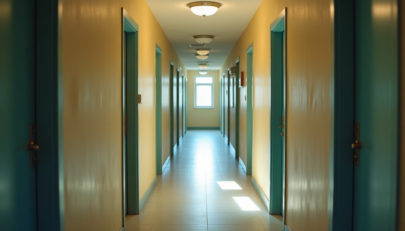 Apartment building hallway with several doors