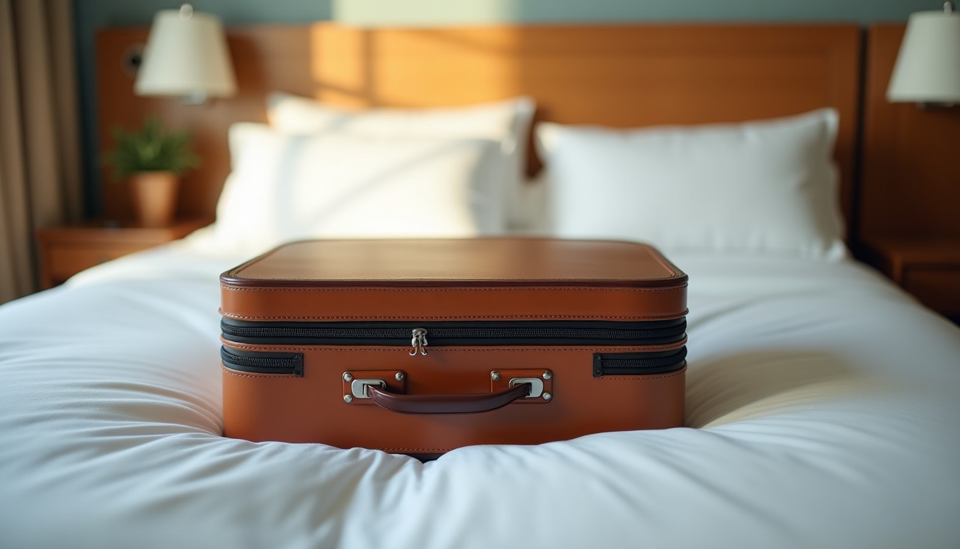 Suitcase on a hotel bed