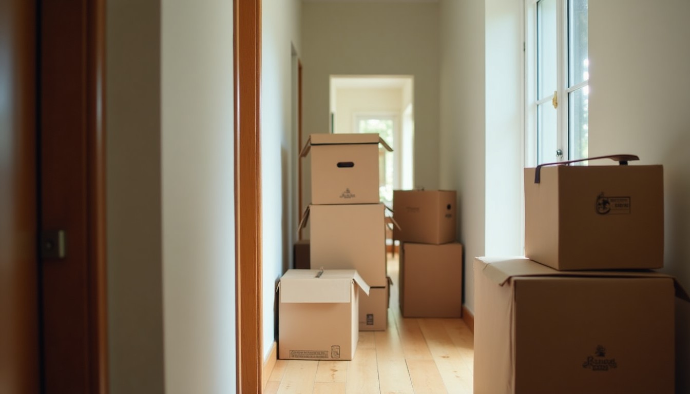 Moving boxes stacked in a hallway