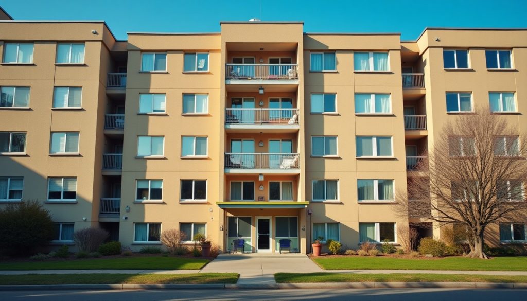 Apartment building exterior with many windows