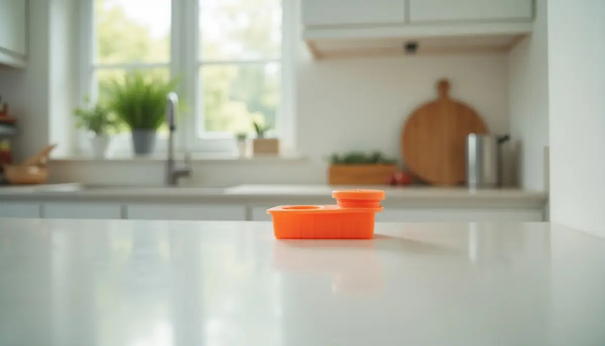 Ant bait station at the edge of a kitchen counter