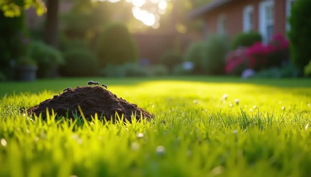 Garden lawn with an ant mound in sunshine