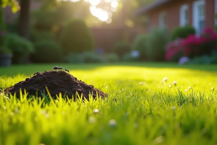 Garden lawn with an ant mound in sunshine