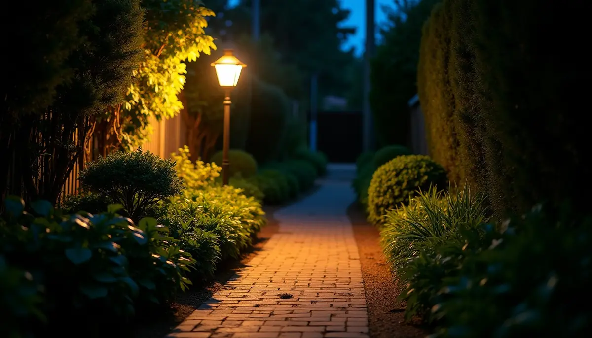 Garden path at night lit by a lamp