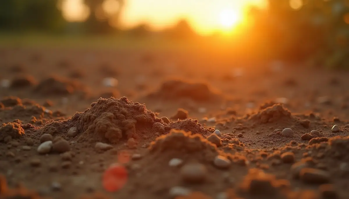 Bare soil with small ant hills at dawn
