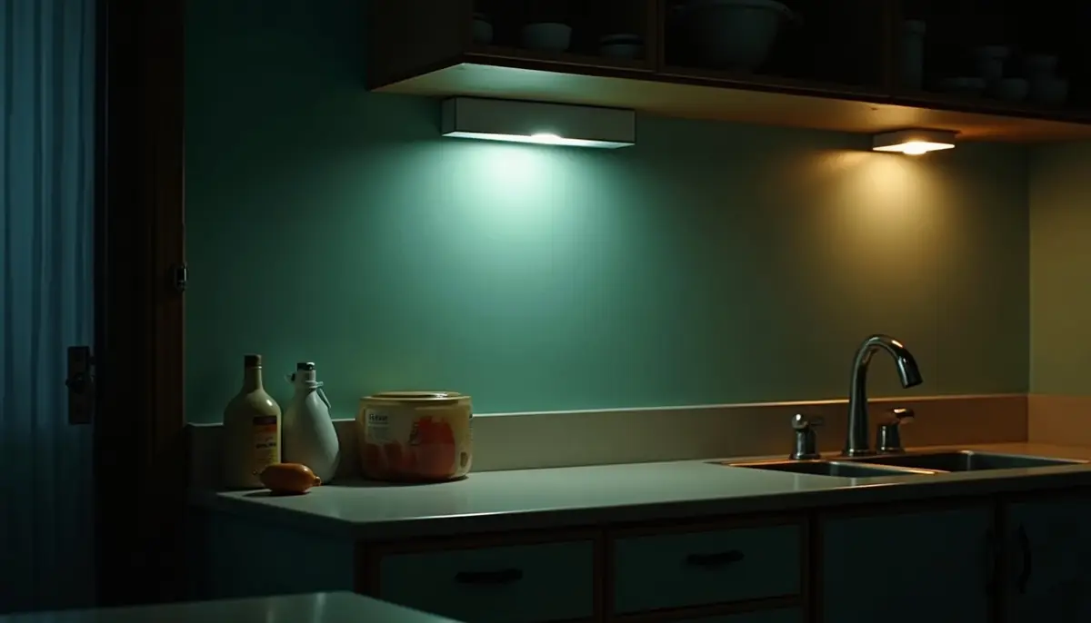 Kitchen counter at night under a single light