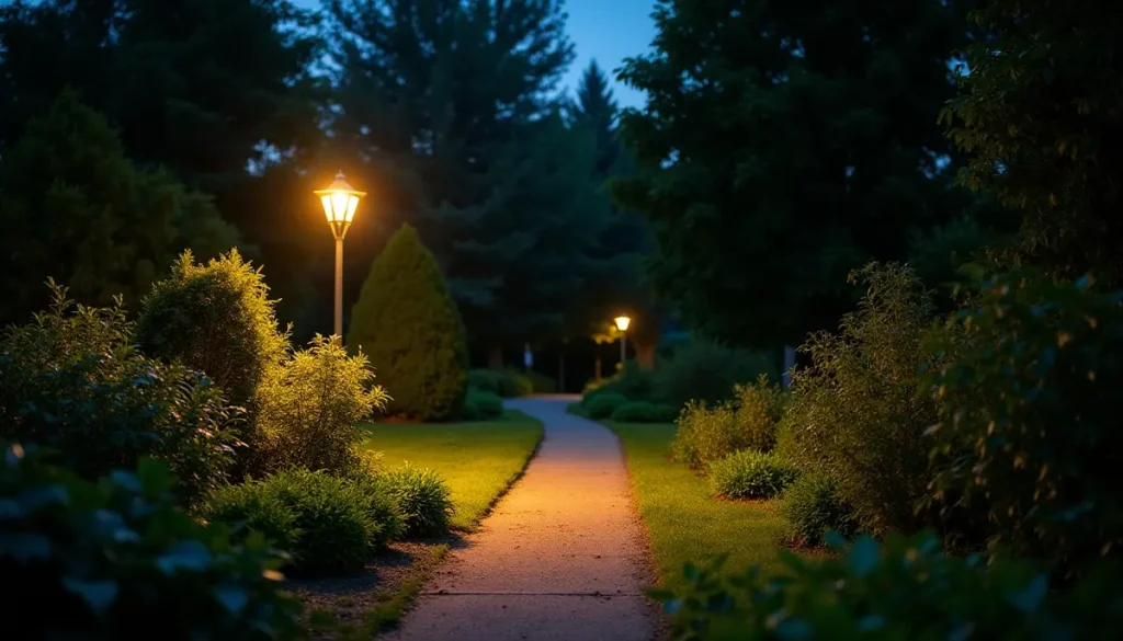 Garden at night lit by a single lamp