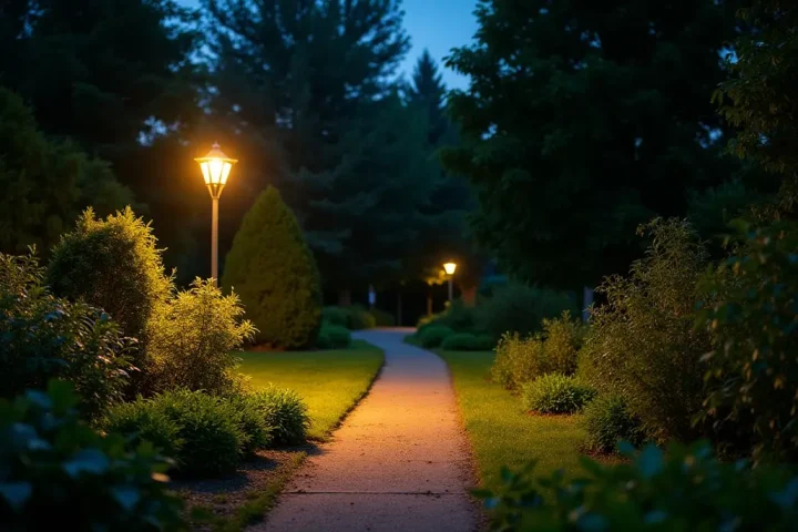Garden at night lit by a single lamp