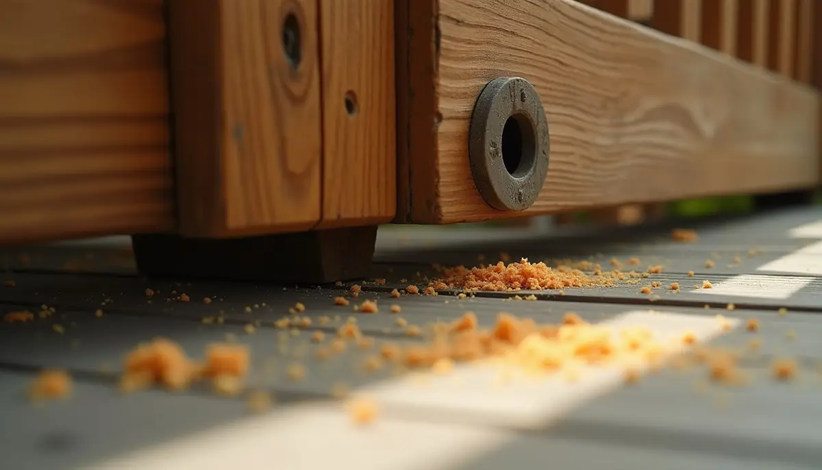 Round hole drilled into a wooden deck rail