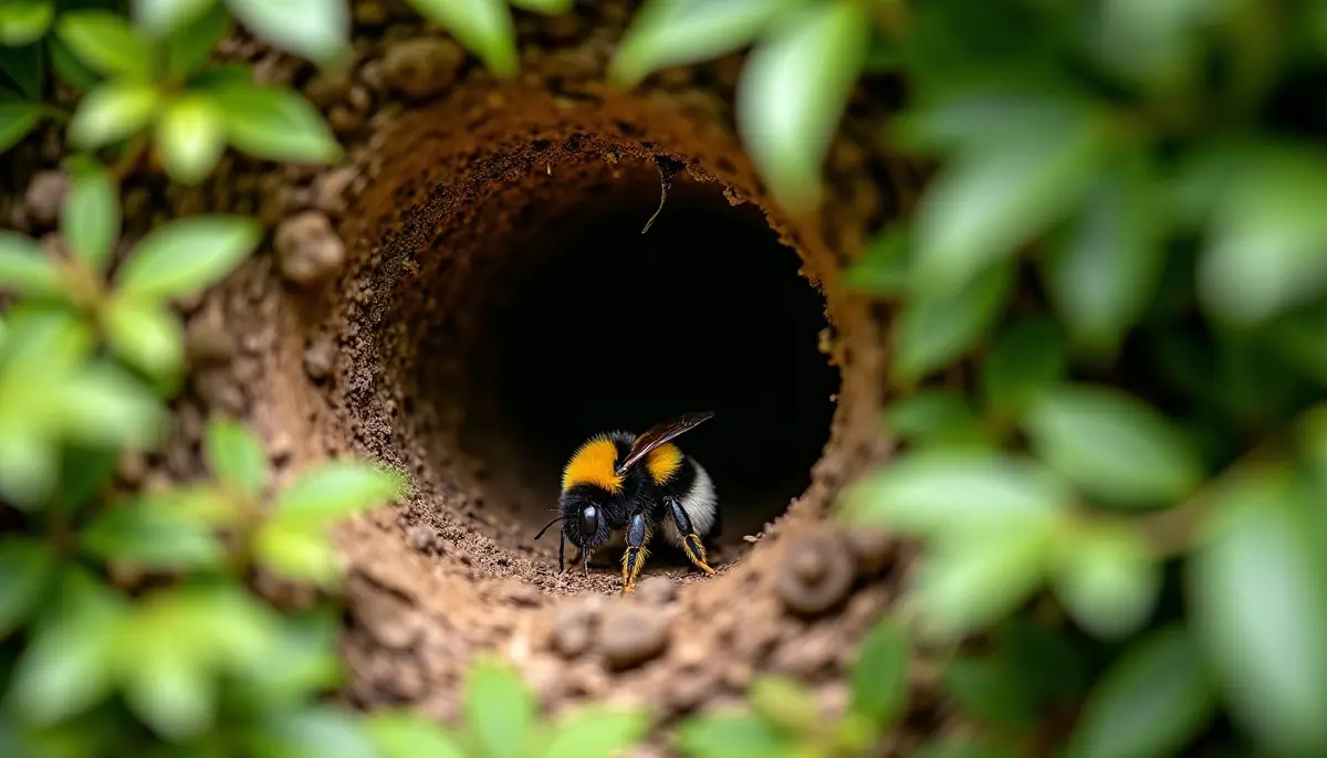 Bumble bee nest hole at the base of a hedge