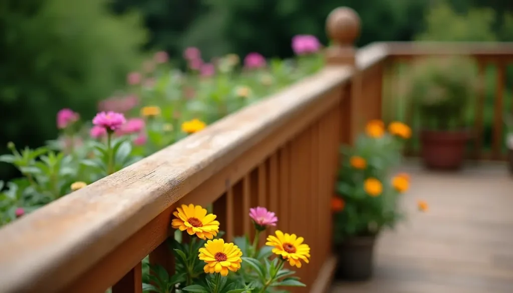 Wooden deck rail and flowers in a garden