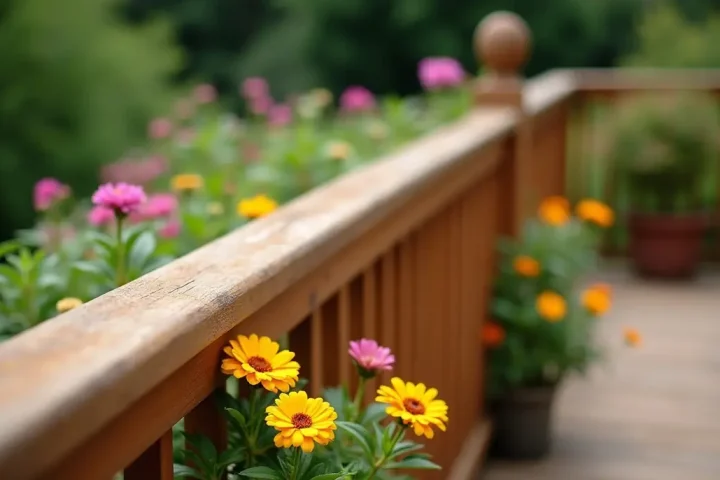 Wooden deck rail and flowers in a garden