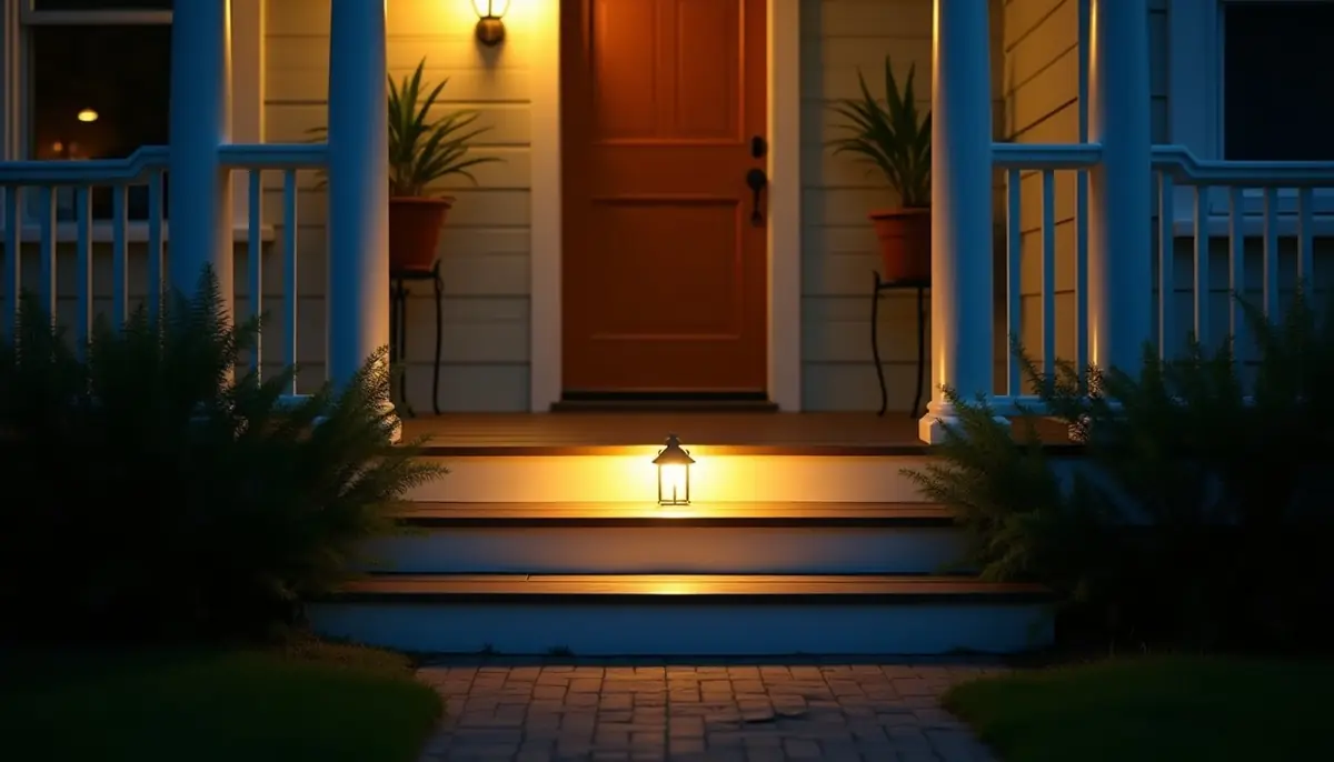 Porch light glowing over steps on a late summer night