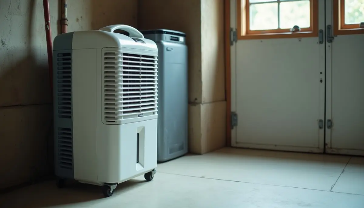 Dehumidifier in a basement corner