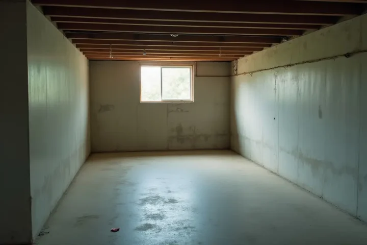 Basement with a concrete floor and a small window