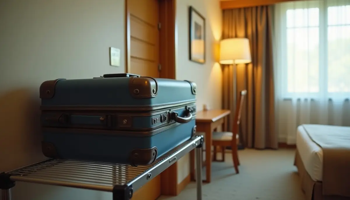 Suitcase on a metal luggage rack in a hotel room