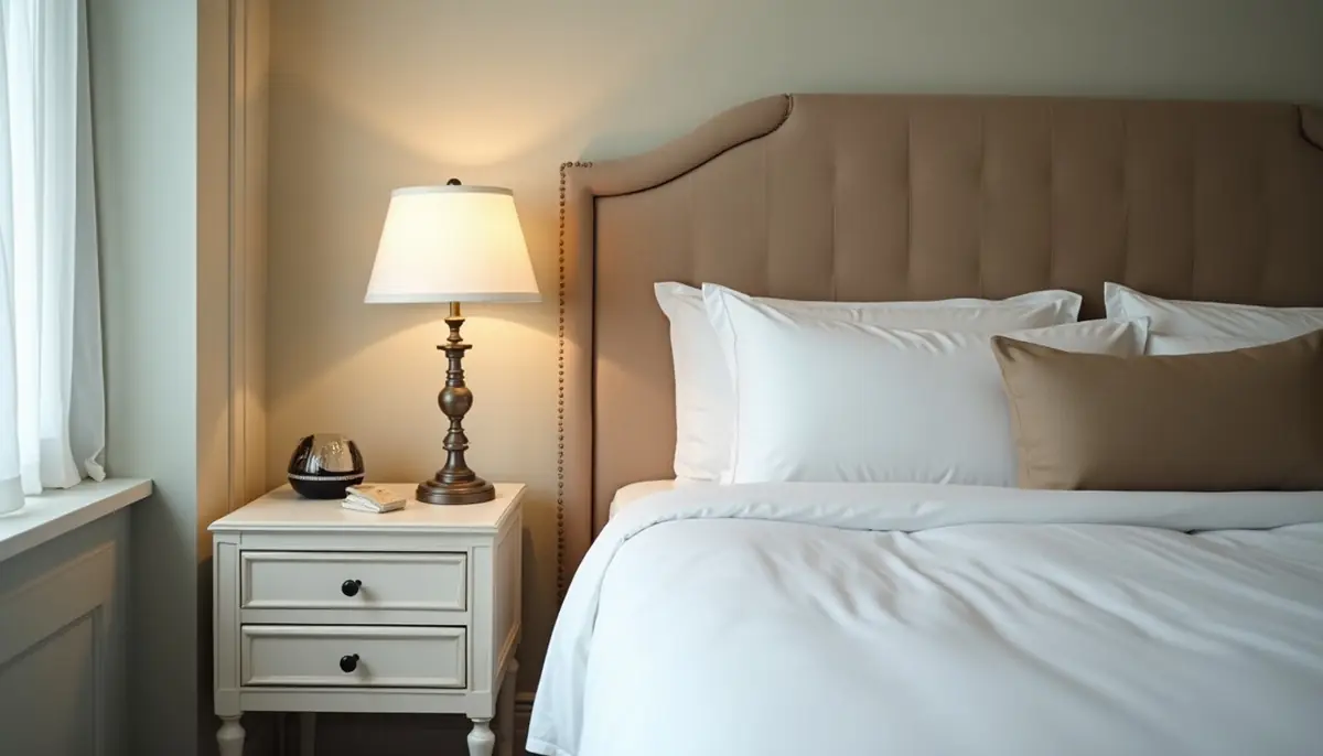 Upholstered headboard and bedside table in a hotel room