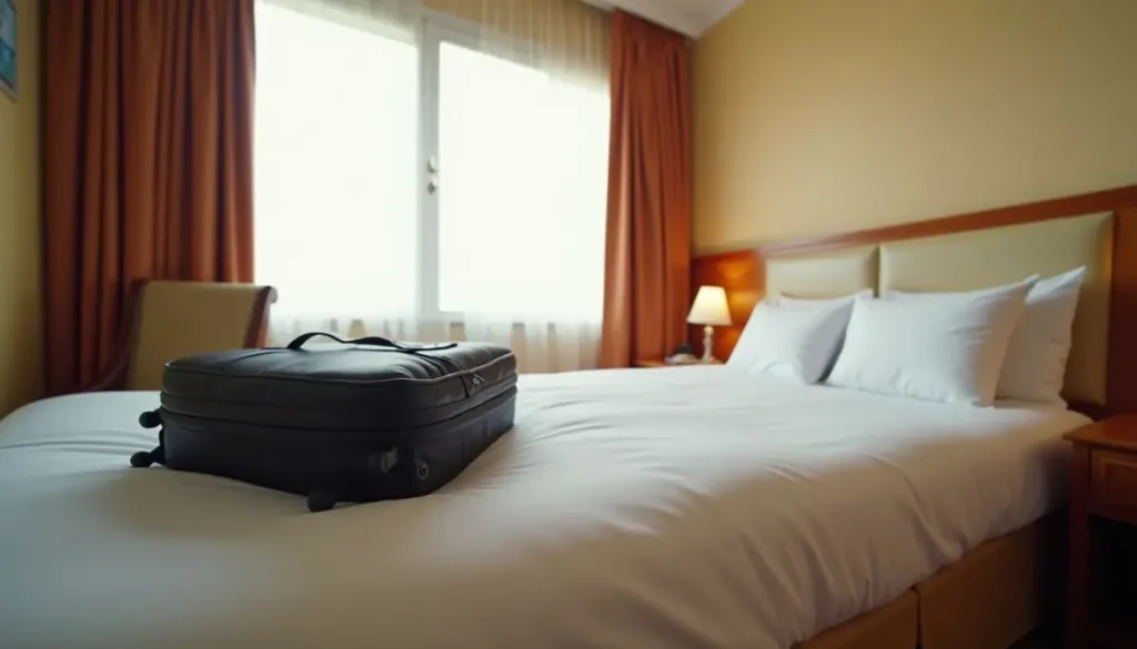 Hotel room with a made bed and a suitcase