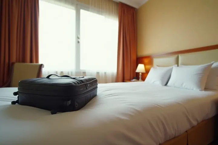 Hotel room with a made bed and a suitcase