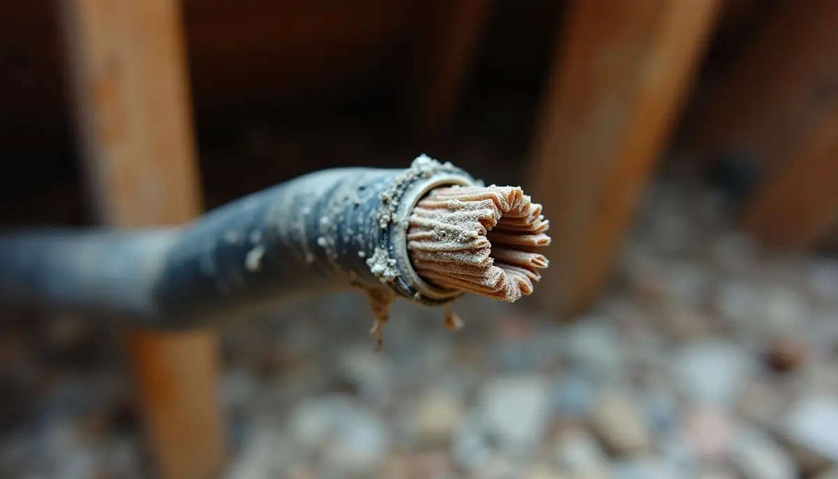 Chewed electrical cable in a loft