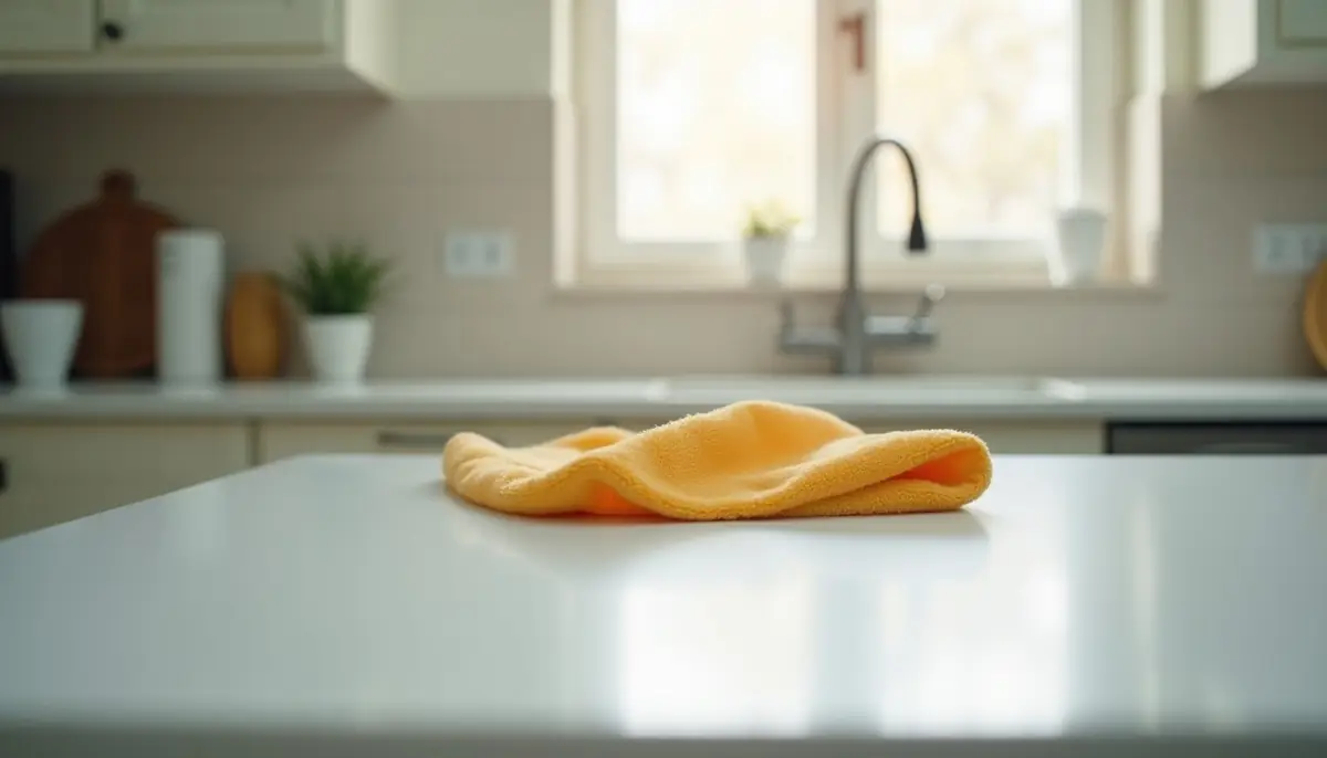 Kitchen counter wiped clean with a cloth