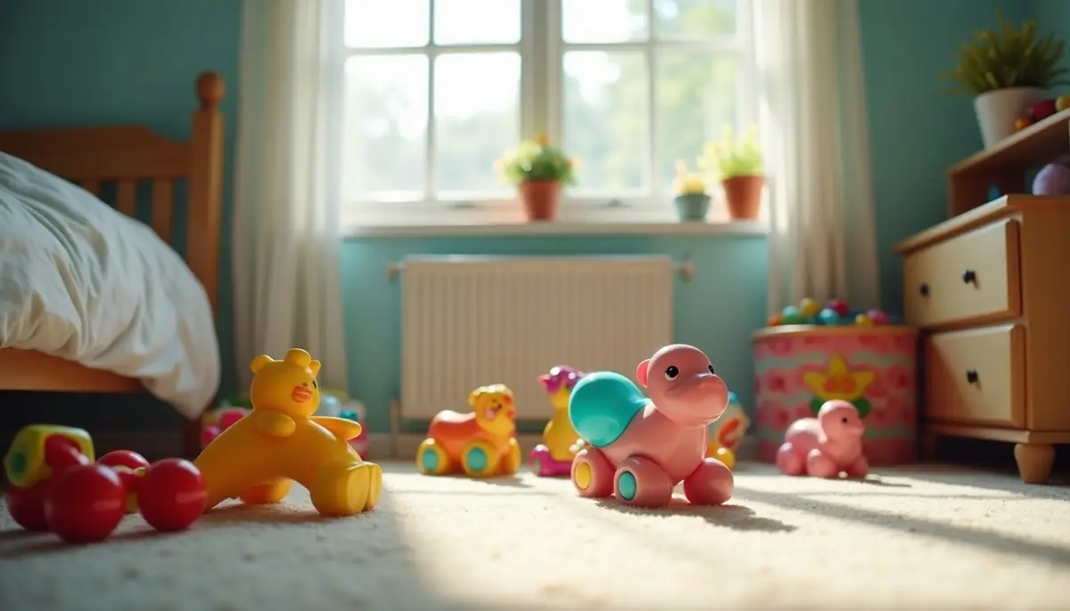 Child's bedroom with toys on the floor in daylight