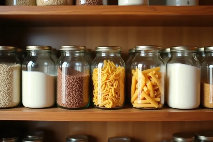 Kitchen pantry with food on the shelves